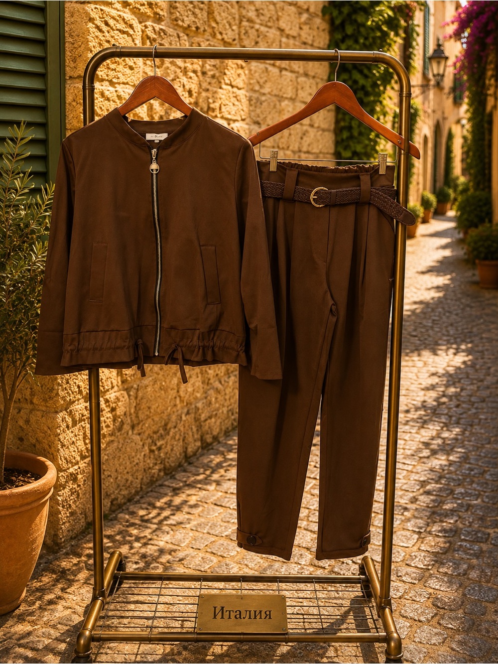 IT001 I🇮🇹 Made in Italy Brown 2 Piece Jacket Pants Set Belted Stretch Cotton.